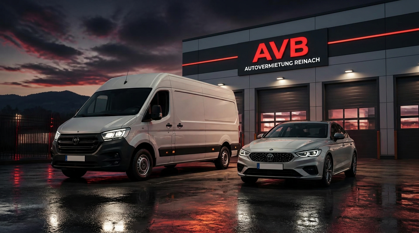 Vans and cars parked outside the AVB rental station